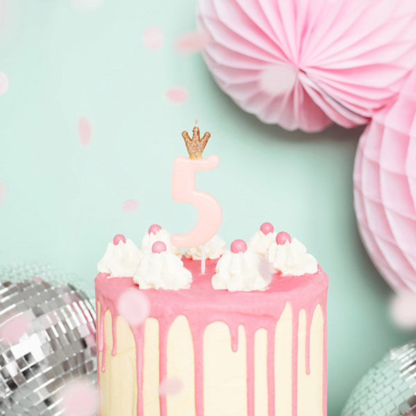 1 Kuchenkerze - Zahl 5 - Rosa mit Krone