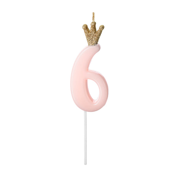 1 Kuchenkerze - Zahl 6 - Rosa mit Krone