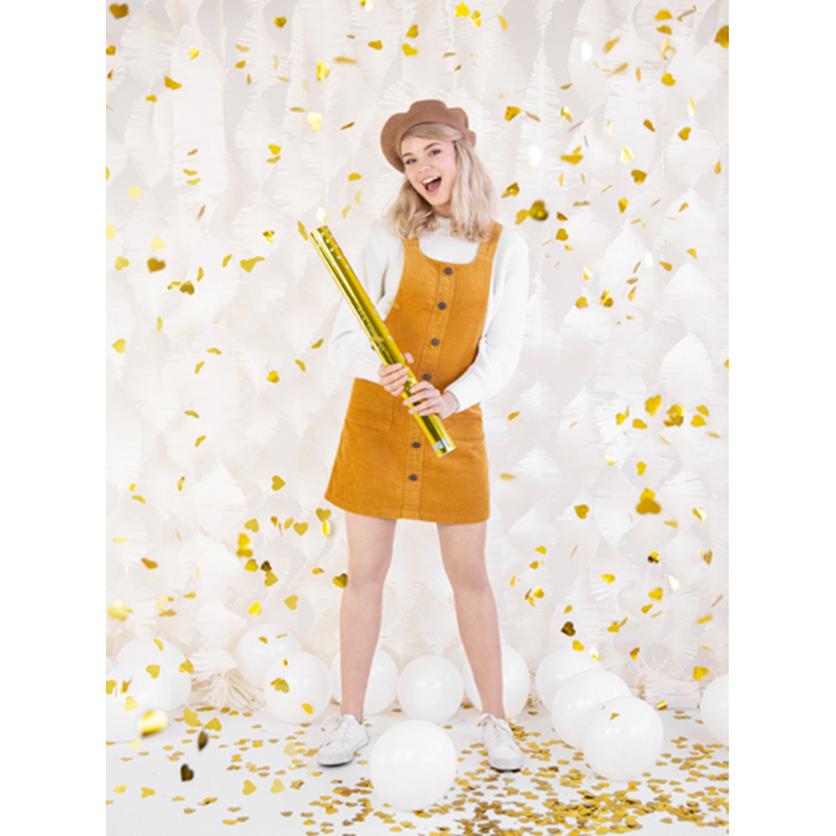 1 Konfettikanone XL - 60cm - Metallic - Herzen - Gold