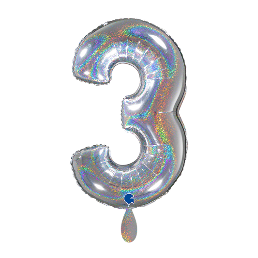 1 Balloon XL - Number 3 - Glitter Holographic Silver