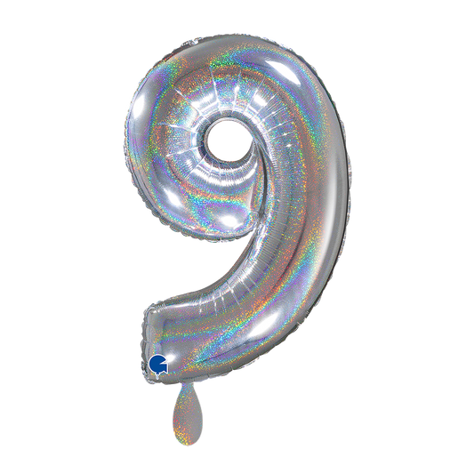 1 Balloon XL - Number 9 - Glitter Holographic Silver