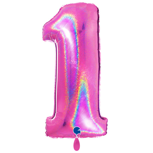 1 Balloon XXL - Number 1 - Glitter Holographic Fuxia