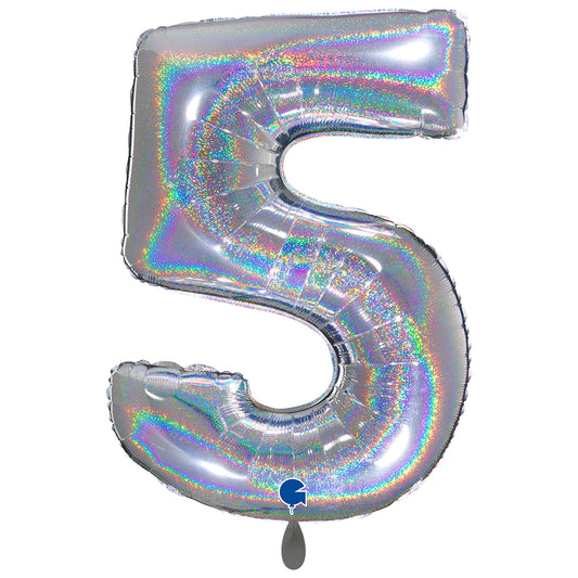 1 Balloon XXL - Number 5 - Glitter Holographic Silver