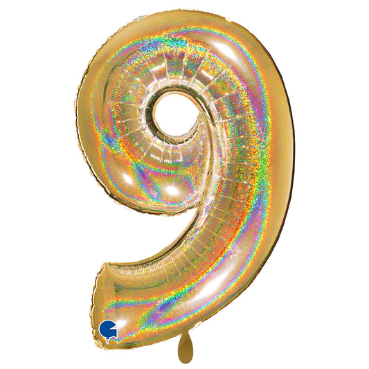 1 Balloon XXL - Number 9 - Glitter Holographic Gold