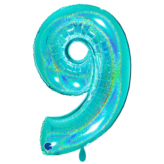 1 Balloon XXL - Number 9 - Glitter Holographic Tiffany