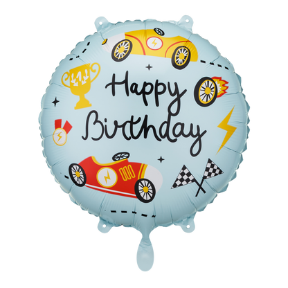 1 Ballon - Happy Birthday - Hellblau Rennmotiven