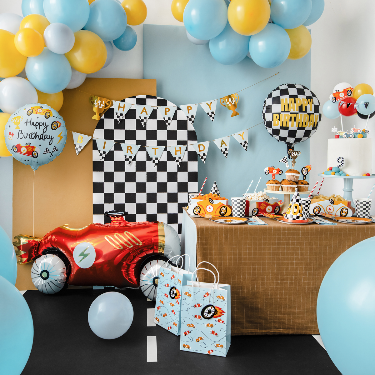 1 Ballon - Happy Birthday - Hellblau Rennmotiven