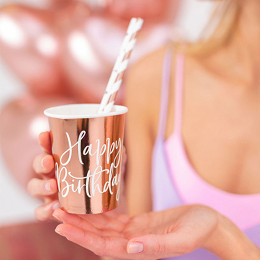 6 Pappbecher Trend - 260ml - Happy Birthday RoseGold