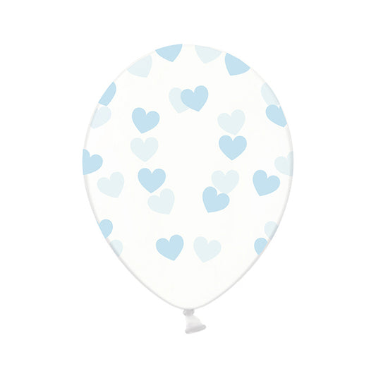 6 Motivballons Clear - Ø 30cm - Hearts - Hellblau