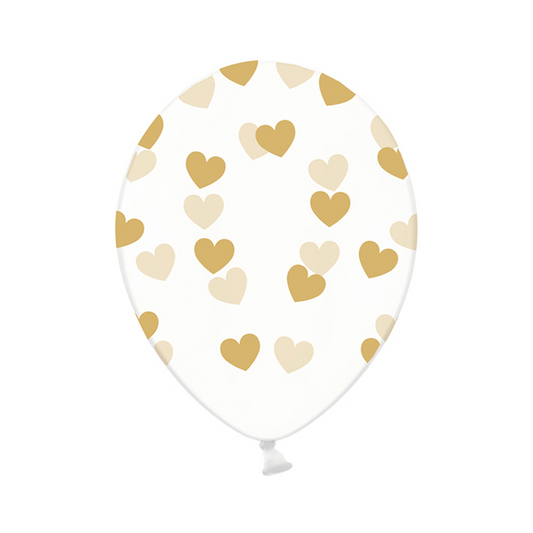 6 Motivballons Clear - Ø 30cm - Hearts - Gold