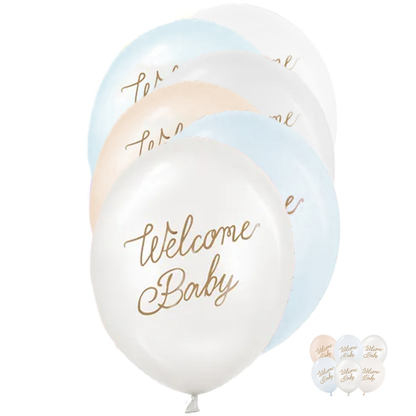 6 Motivballons - Ø 30 cm - Welcome Baby - Blau Mix