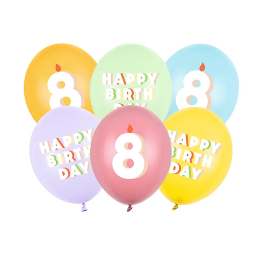 6 Motivballons - Ø 30 cm - Happy Birthday 8 - Mix