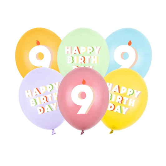 6 Motivballons - Ø 30 cm - Happy Birthday 9 - Mix