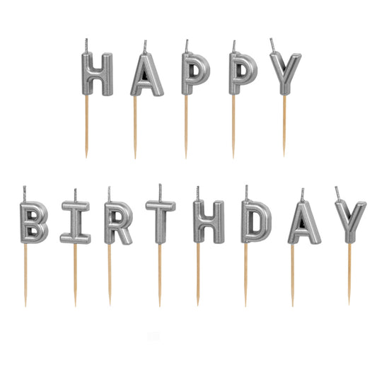 13 Kuchenkerzen - Happy Birthday Silber