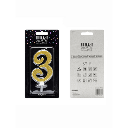 1 Kuchenkerze XL - Zahl 3 - Gold Glittery