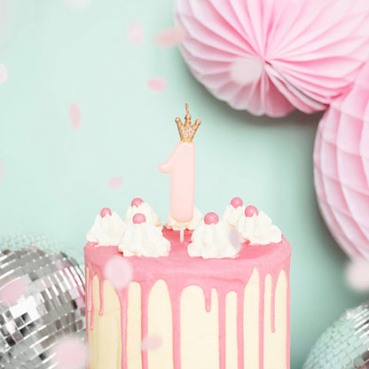 1 Kuchenkerze - Zahl 1 - Rosa mit Krone