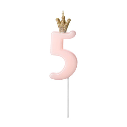 1 Kuchenkerze - Zahl 5 - Rosa mit Krone