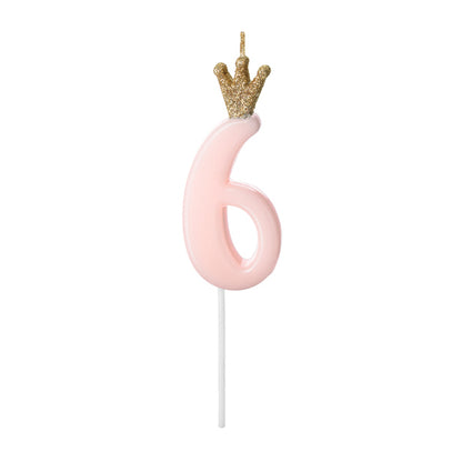 1 Kuchenkerze - Zahl 6 - Rosa mit Krone
