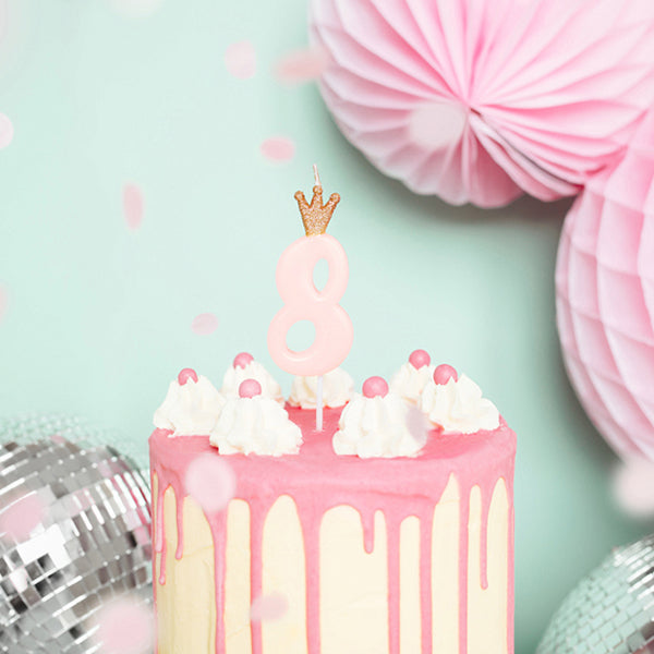 1 Kuchenkerze - Zahl 8 - Rosa mit Krone