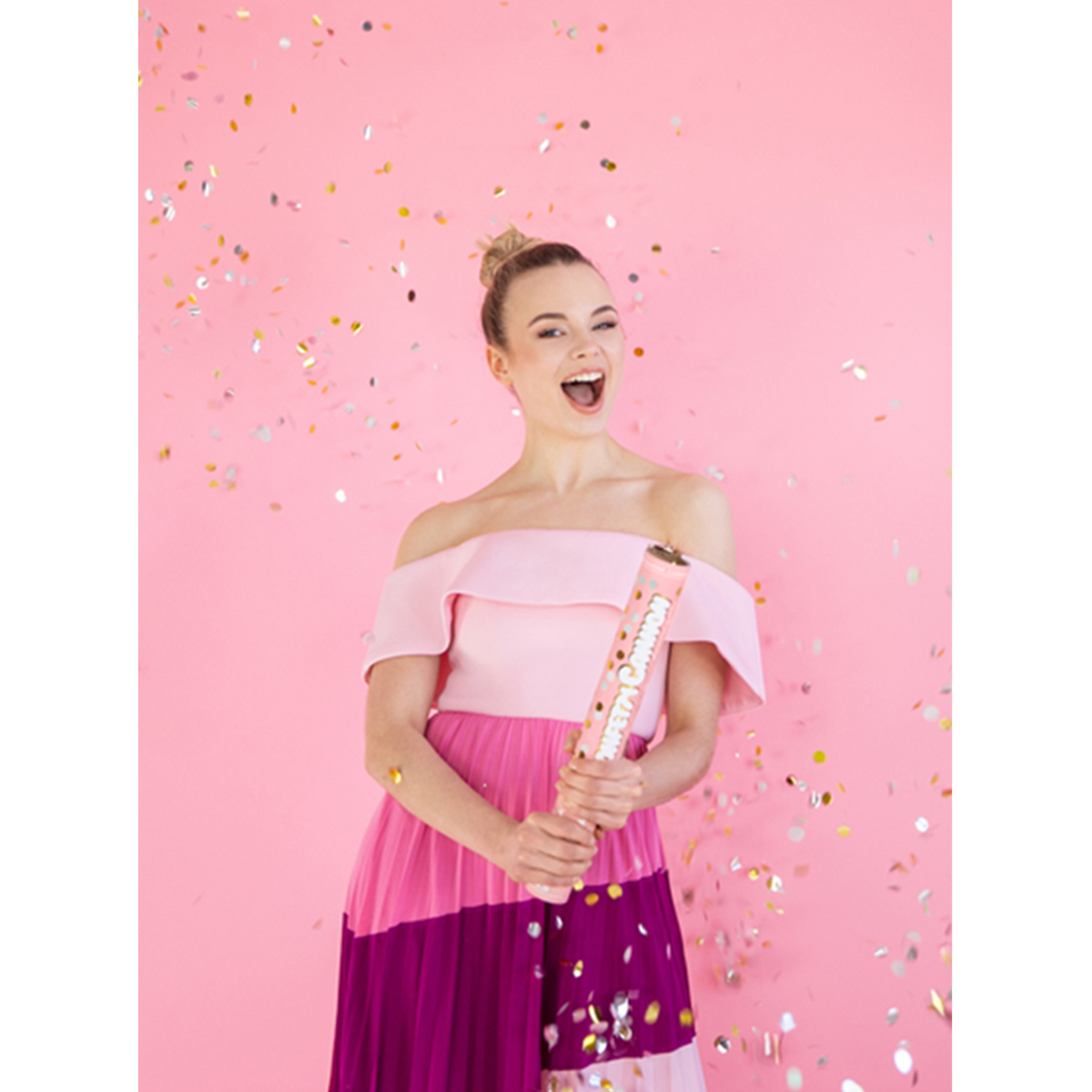 1 Konfettikanone XL - 60cm - Metallic - Dots - Silber & Gold